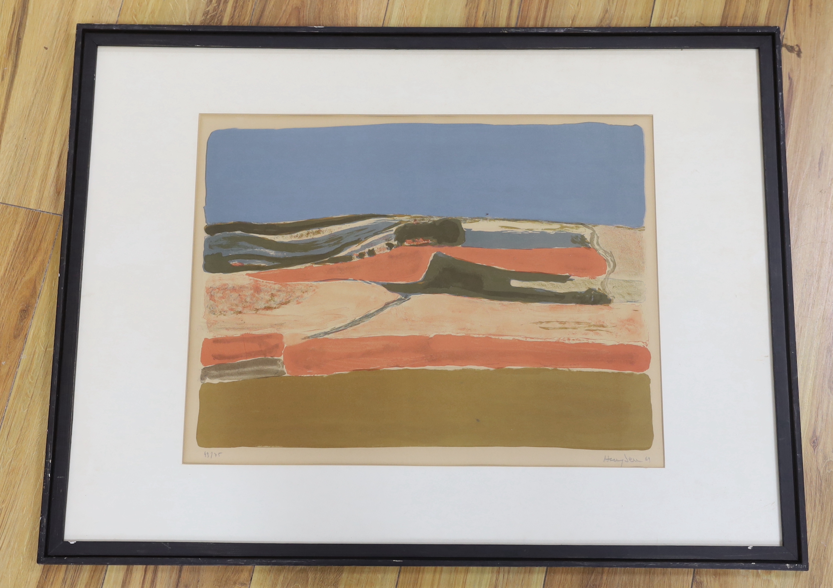 Henri Hayden (Polish, 1883-1970), colour screenprint, Abstract landscape, limited edition 43 of 75, signed, 53 x 42cm